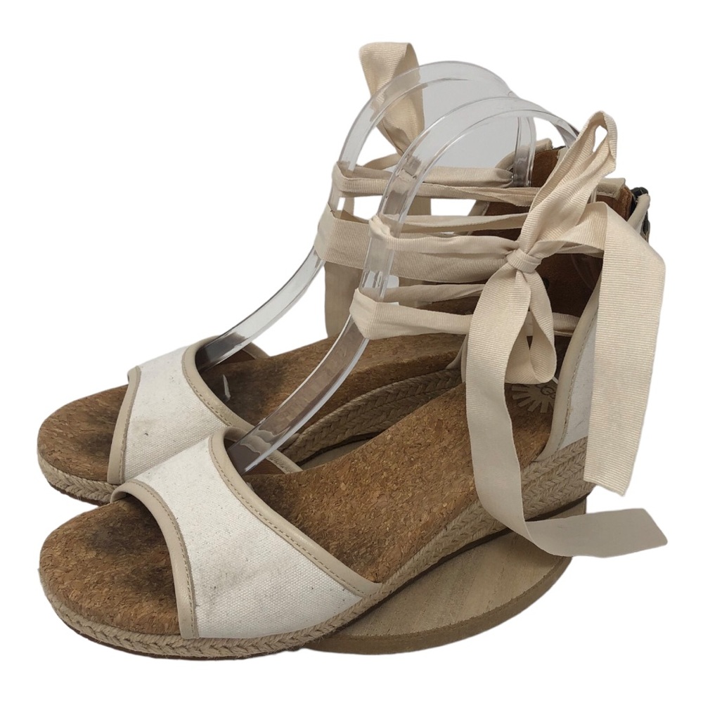 Ugg Canvas Cork Cream Beige Wedge Espadrille Lace Up Ankle Size 8
